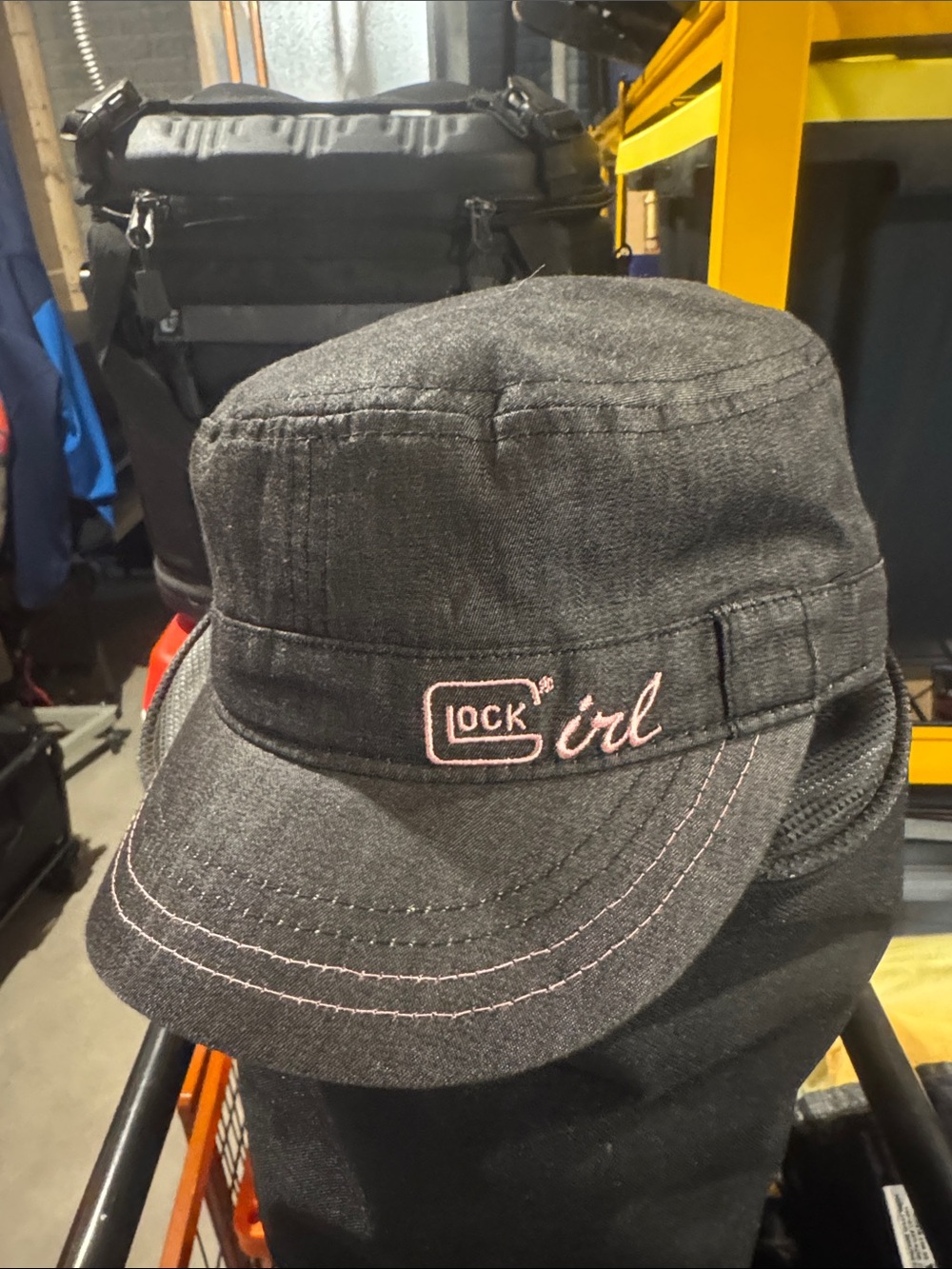Lock Girl Black Military-Style Cap with Pink Embroidery